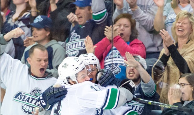 Mathew Barzal and Ethan Bear celebrate Bear's game-winning goal in the third period. (T-Birds photo...