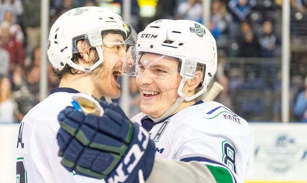 Mathew Barzal (left) added four points during Sunday's win over the Silvertips. (T-Birds photo)...