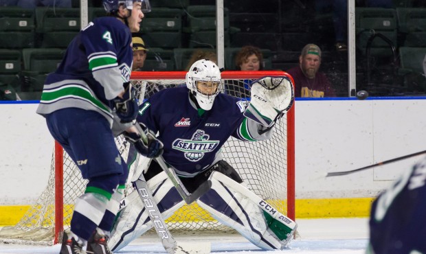 Rookie goalie Carl Stankowski made 30 saves in his preseason debut with the Thunderbirds. (Christop...
