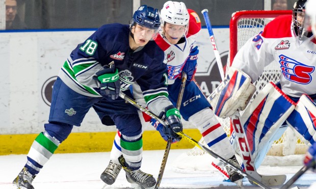 Seattle's Sami Moilanen fights for position during the T-Birds 3-1 loss to Spokane (Brian Liesse/T-...