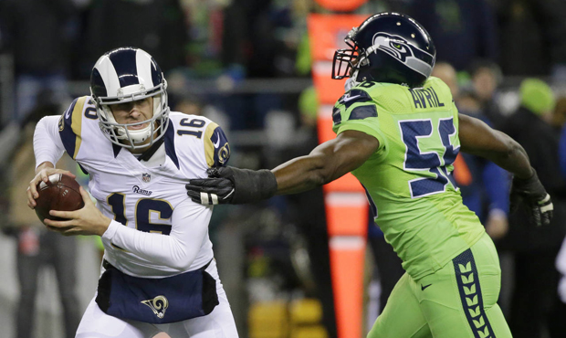 Rams quarterback Jared Goff gave way to Case Keenum after being knocked out for a possible concussi...