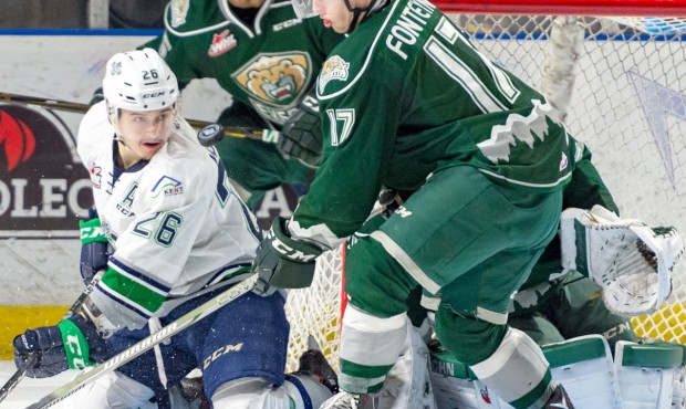 Seattle's Nolan Volcan watched the puck during the T-Birds 3-2 win Saturday night  (Brian Liesse/T-...
