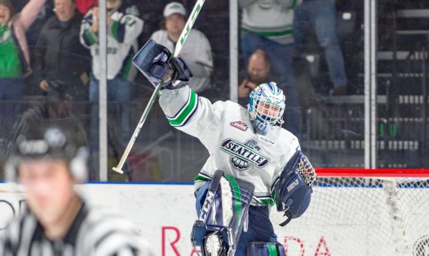 Rylan Toth celebrates Seattle's seventh win in a row Friday night (Brian Liesse/T-Birds)...
