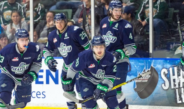 Zack Andrusiak celebrates his second period goal during Seattle's 4-3 Game 2 win (Brian Liesse/T-Bi...