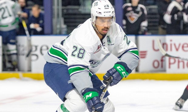 Keegan Kolesar led the WHL in playoff scoring with 31 points in 19 games (T-Birds photo)...