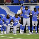 
              Detroit Lions defensive end Armonty Bryant (97), defensive tackle A'Shawn Robinson (91) and defensive end Cornelius Washington (90) take a knee during the national anthem before an NFL football game against the Atlanta Falcons, Sunday, Sept. 24, 2017, in Detroit. (AP Photo/Duane Burleson)
            