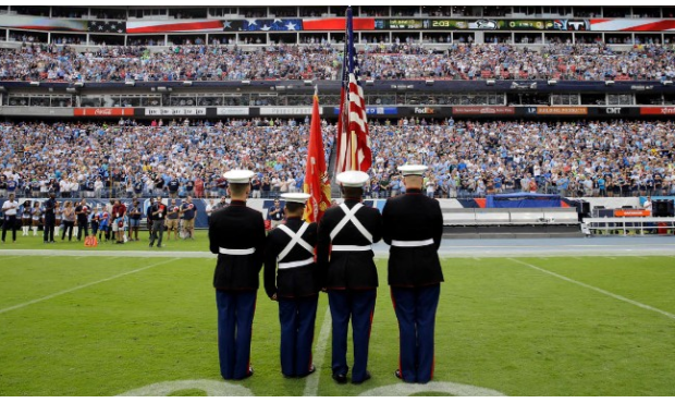 Neither team was on the field for the national anthem before the Seahawks-Titans game. (AP)...