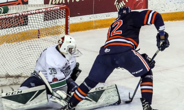 Jermain Loewen scores to beat the T-Birds on Tuesday night in Kamloops (Tim O'Donovan)...