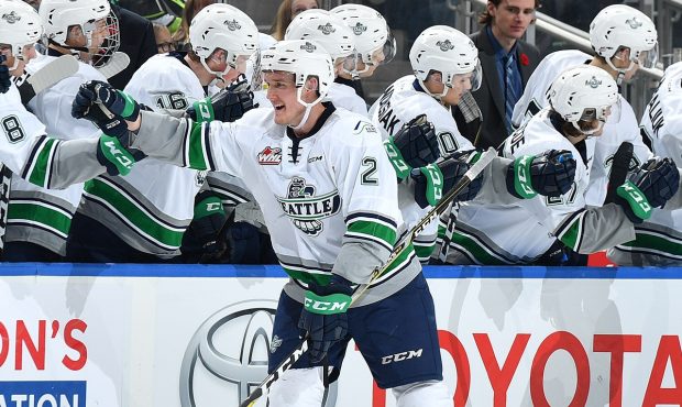 Austin Strand celebrates his second period goal during Seattle's 3-1 win at Edmonton Thursday night...