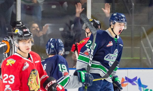 Seattle rookie Samual Huo celebrates his first career WHL goal Saturday (Brian Liesse/Seattle)...
