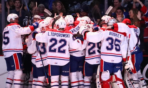 The Spokane Chiefs celebrate Zach Fisher's overtime winner against the Seattle Thunderbirds (Larry ...