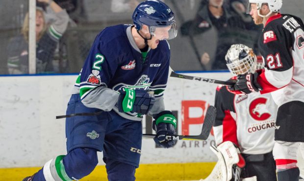 Austin Strand celebrates his third period goal during Seattle's 5-3 win over Prince George (Brian L...