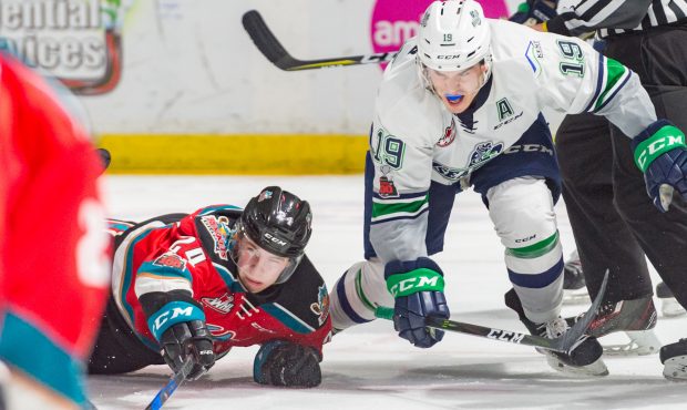 Donovan Neuls fights for the puck during Seattle's 6-2 loss to Kelowna Friday night (Brian Liesse/T...