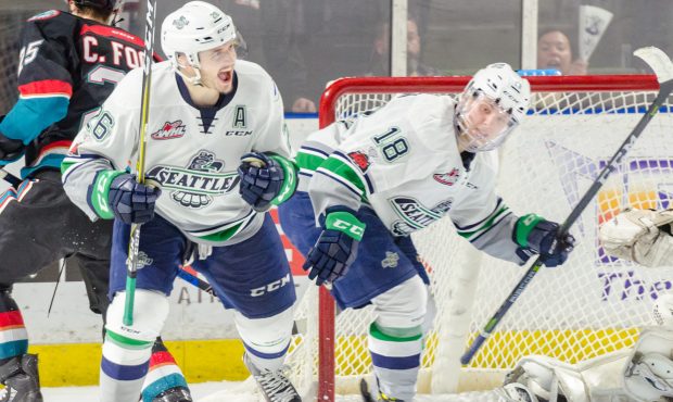 Nolan Volcan celebrates his first career hat trick during Seattle's 7-2 win Friday night (Brian Lie...