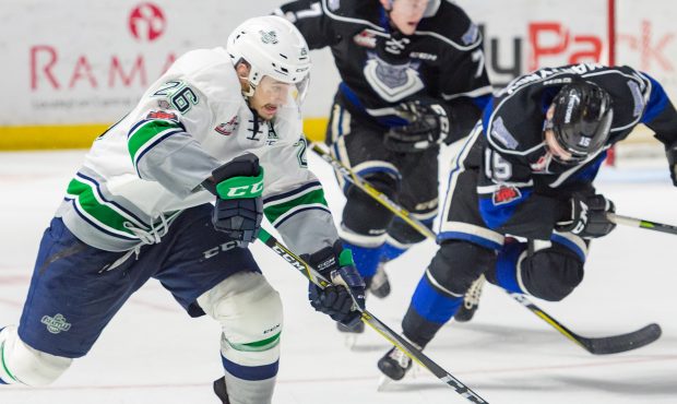 Seattle's Nolan Volcan lugs the puck during the T-Birds 3-2 overtime loss to Victoria (Brian Liesse...