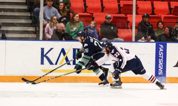 Nolan Volcan races for the puck during the Thunderbirds 4-2 loss at Tri-City (Doug Love)...