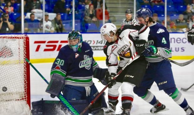 Liam Hughes makes a save during Seattle's 2-1 overtime loss in Vancouver (Richard Fedyck)...