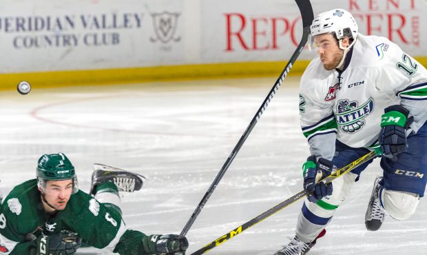 Seattle's Blake Bargar chases the puck during Seattle's Game 4 loss to Everett (Brian Liesse/ T-Bir...