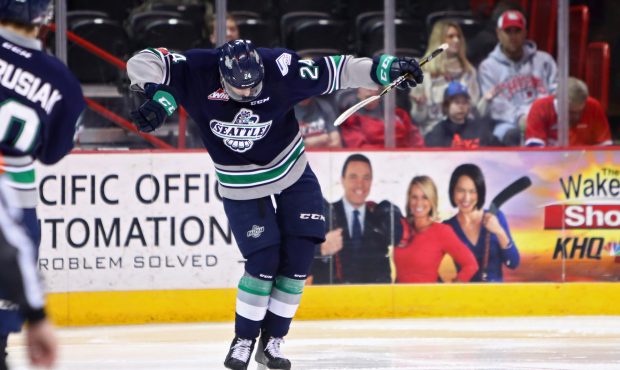 Seattle's Jake Lee dances on the ice to celebrate his second-period goal in the T-Birds 6-3 win in ...
