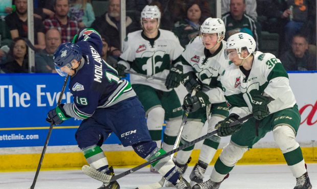 Sami Moilanen (left) will most likely miss Friday's Game 4 for the Thunderbirds (Brian Liesse/ T-Bi...