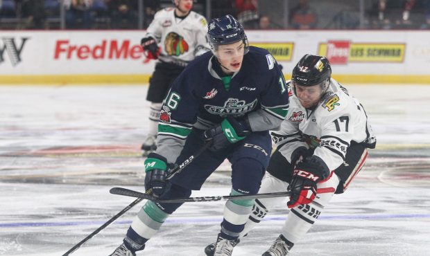 Noah Philp rushes the puck up ice during Seattle's 5-4 win in Portland (Portland Winterhawks/Ben Lu...