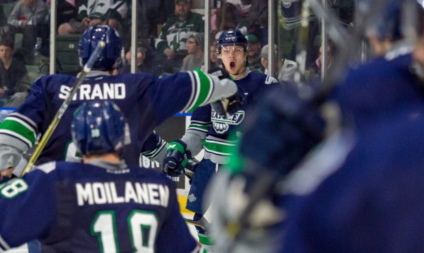 Zack Andrusiak celebrates his overtime winner in Seattle's Game 2 win. (Brian Liesse/ T-Birds)...