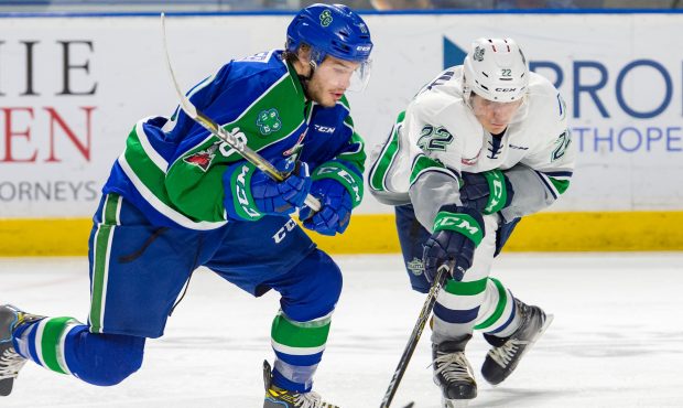 Former T-Bird Kaden Elder (left) is on the door step of a championship with Swift Current (Brian Li...