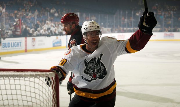Former Seattle Thunderbirds star Keegan Kolesar celebrates a goal with the Chicago Wolves (Wolves p...