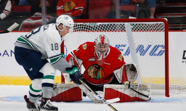 Seattle's Andrej Kukuca moves in on Portland goalie Shane Farkas during the T-Birds 4-2 loss Saturd...