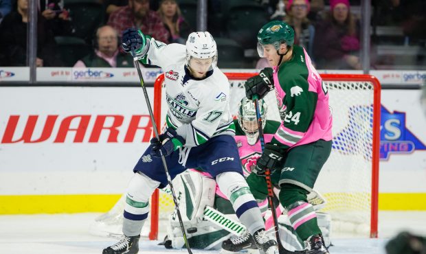 Seattle's Jaxan Kulski attempts to deflect a shot during the Thunderbirds 2-1 loss Friday night in ...
