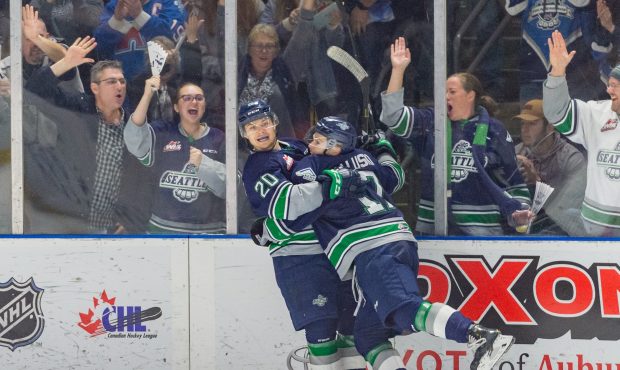 Seattle's Zack Andrusiak celebrates his third-period goal during the Thunderbirds win Saturday nigh...