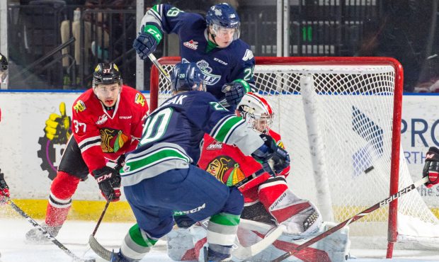 Zack Andrusiak scores one of his four goals Saturday night. It wouldn't be enough as Portland won 8...