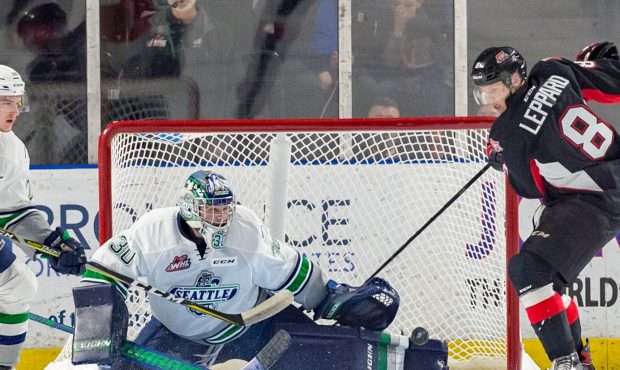 Seattle goalie Liam Hughes stops Jackson Leppard at the goal mouth during the Thunderbirds 2-1 loss...
