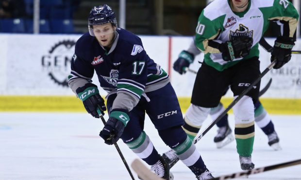 Jaxan Kaluski's first career hat trick led the Thunderbirds Wednesday as they upset the CHL top ran...