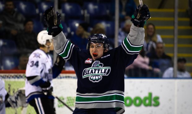 Seattle's Keltie Jeri-Leon celebrates one of the Thunderbirds goals Tuesday night in Victoria (Jay ...