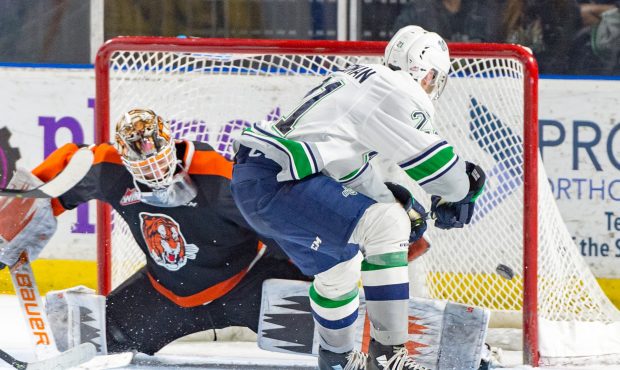 Matthew Wedman scores the overtime winner Saturday night against the Medicine Hat Tigers (Brian Lie...
