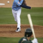 
              Seattle Mariners starting pitcher Mike Leake, top, throws to Oakland Athletics' Ramon Laureano during the first inning of a spring training baseball game Friday, Feb. 22, 2019, in Peoria, Ariz. (AP Photo/Charlie Riedel)
            