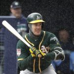
              Oakland Athletics' Mark Canha waits in the rain for a pitch during the first inning of a spring training baseball game against the Seattle Mariners, Friday, Feb. 22, 2019, in Peoria, Ariz. (AP Photo/Charlie Riedel)
            