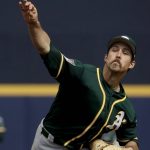 
              Oakland Athletics starting pitcher Daniel Mengden throws during the first inning of a spring training baseball game against the Seattle Mariners, Friday, Feb. 22, 2019, in Peoria, Ariz. (AP Photo/Charlie Riedel)
            