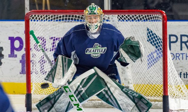 New Seattle goalie Blake Lyda watches the puck during Thunderbirds training camp Tuesday. (Brian Li...