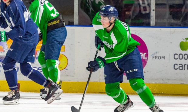 Seattle's Jared Davidson plays the puck during Thunderbirds training camp on Tuesday. (Brian Liesse...