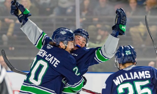 Seattle rookie Conner Roulette celebrates one of his three goals Saturday night as Seattle snapped ...