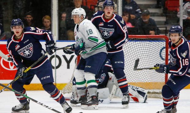 Seattle's Andrej Kukuca attempts to screen Tri-City goalie Beck Warm Friday night in Kennewick. (Ju...