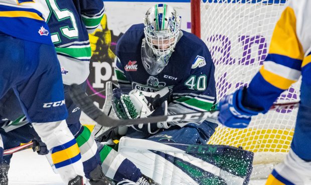 Blake Lyda makes one of his 35 saves as the Thunderbirds snapped a three-game losing streak. (Brian...