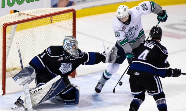 Seattle's Max Patterson tries to find a loose puck during the Thunderbirds 4-1 win in Victoria Frid...