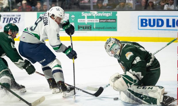 Thunderbirds forward Keltie Jeri-Leon shoots on Everett goalie Dustin Wolf. (Christopher Mast/Silve...