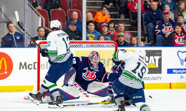 Payton Mount fires the game-winning goal in overtime of Friday's Thunderbirds win in Lethbridge. (E...