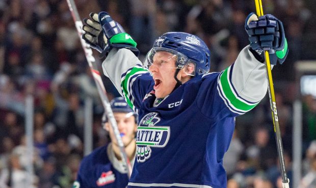 Cade McNelly celebrates his second period goal that  sparked a comeback for the Seattle Thunderbird...