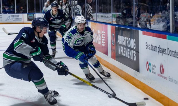 Seattle defenseman Cade McNelly plays the puck during the Thunderbirds 4-2 win in Swift Current. (P...