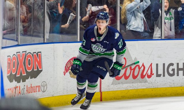 Seattle's Brendan Williamson celebrates his first career goal Saturday night. (Brian Liesse/Thunder...